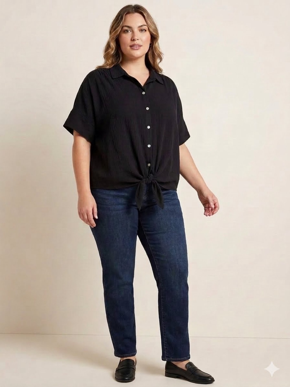 Style & Co. Black Button-Front Tie Hem Top